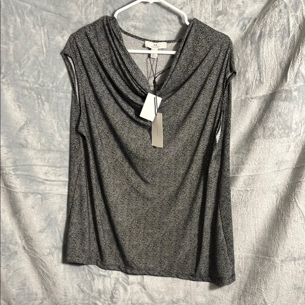 NWT H by Halston blouse large lightweight short sleeve cowl neck black and white